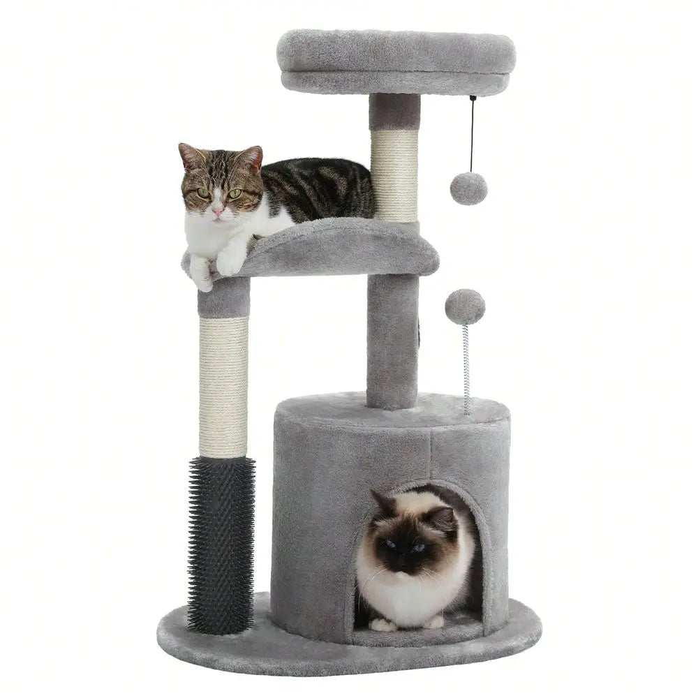 Cat Tree Tower For Indoor With Self Groomer Brush, Sisal ching Post, Dangling Ball For Small, Medium Cats, Gray