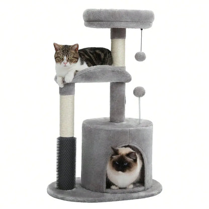 Cat Tree Tower For Indoor With Self Groomer Brush, Sisal ching Post, Dangling Ball For Small, Medium Cats, Gray