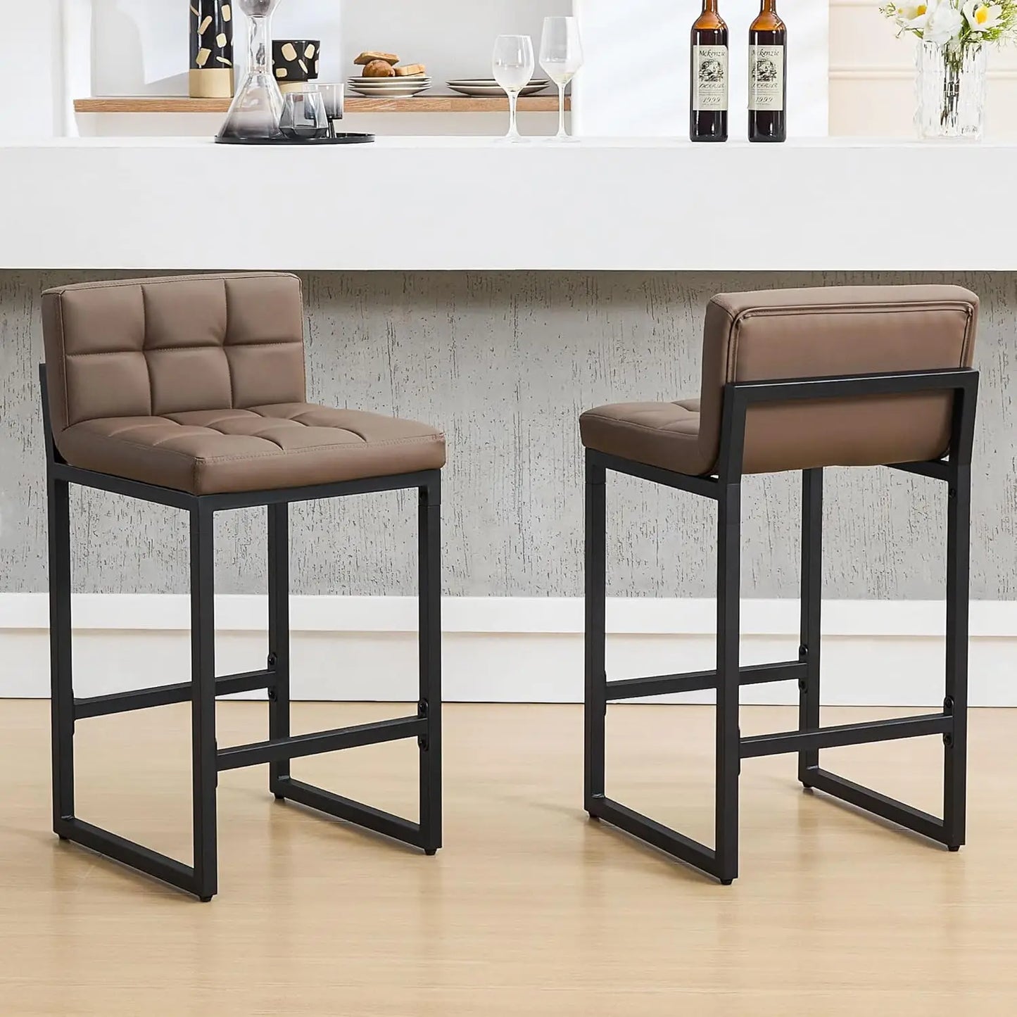 Modern Counter Height Bar Stools Set of 2, Faux Leather Low Back with Footrest for Kitchen Island (Coffee Brown)