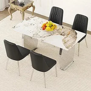 5-Piece Rectangular Faux Marble Dining Set with 4 White Chairs