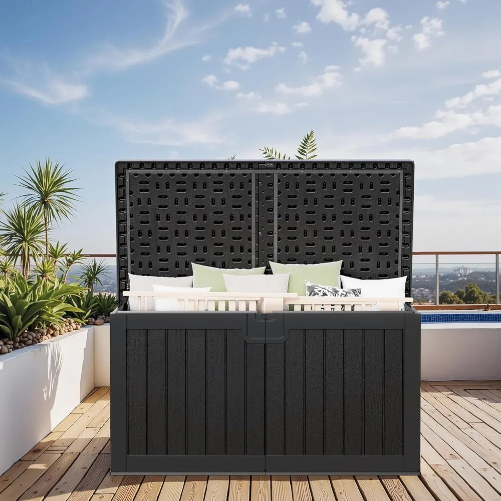 230 Gallon HDPE Black Outdoor Storage Box with Removable Dividers, Weatherproof Oversized Deck Box for Patio ,Garage