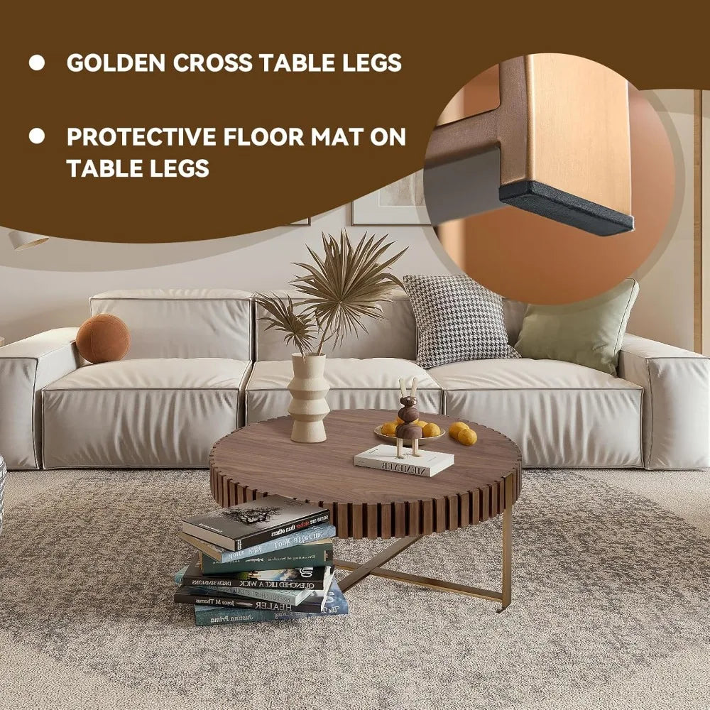 31.5'' Round Coffee Table for Living Room, Solid Wood Handcraft Drum Coffee Table, Wooden Felief Coffee Table, Stainless Steel