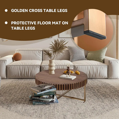 31.5'' Round Coffee Table for Living Room, Solid Wood Handcraft Drum Coffee Table, Wooden Felief Coffee Table, Stainless Steel