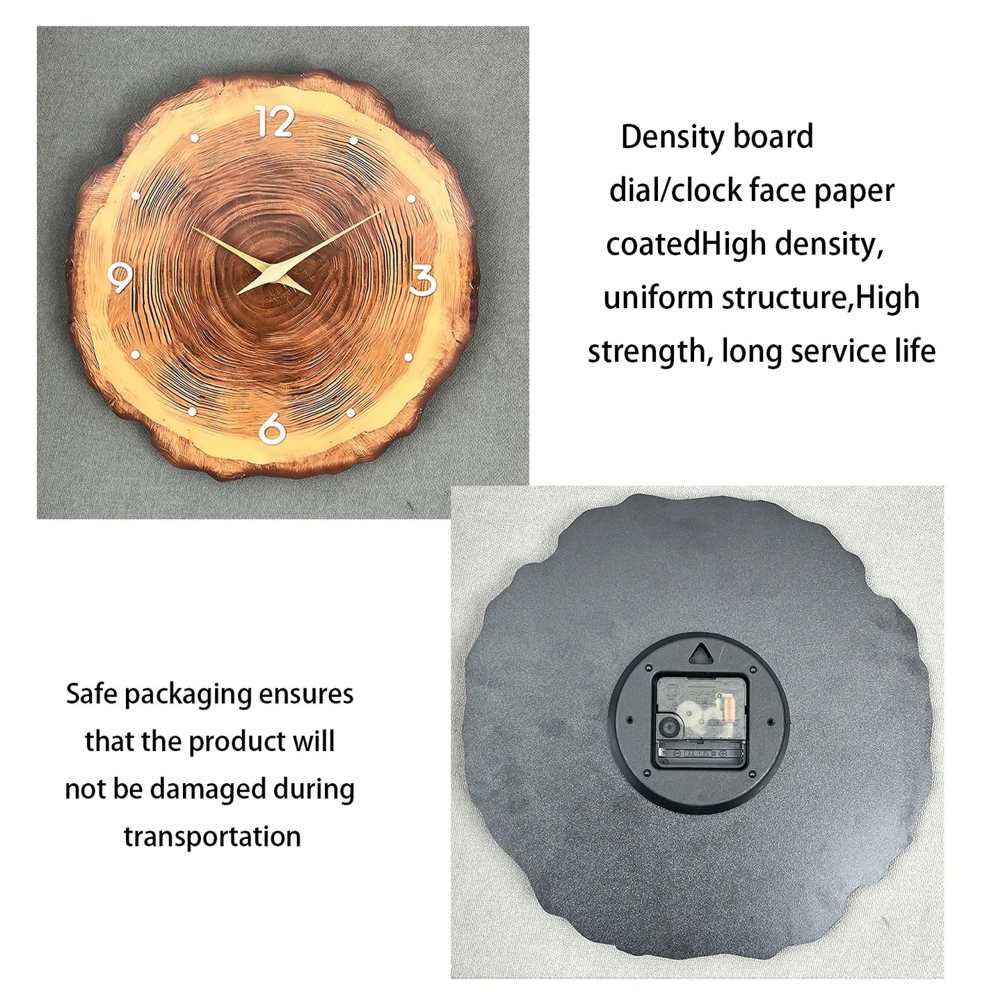 1pc wooden ring veneer wall clock, flat wood cross section texture pattern solid wood pointer design wall clock, silent clock