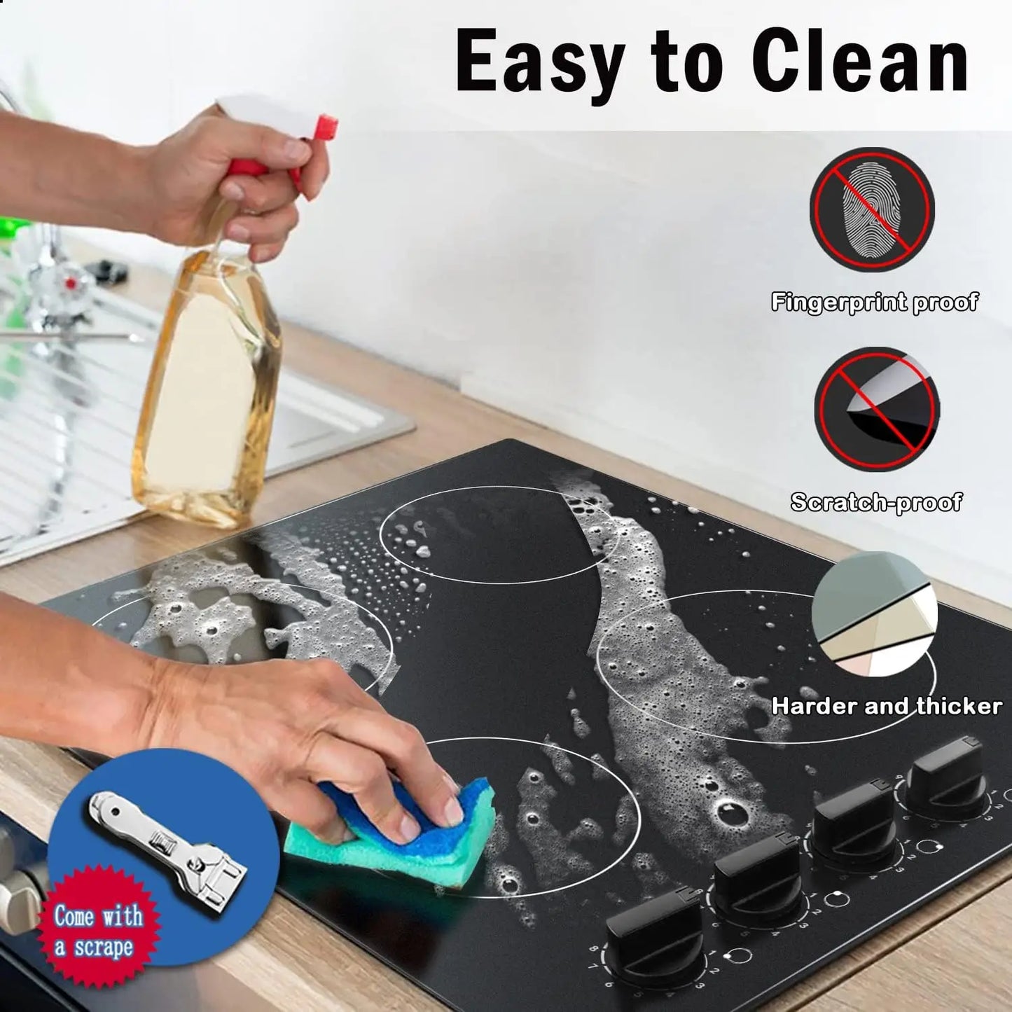 4 Burners Electric Cooktop, 24 Inch Built-in, 220-240v, 6000W, Knob Control, Residual Heat Indicator,Hard Wire(No Plug)