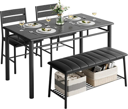 IRONCK Dining Table Set for 4, Kitchen Table and Chairs Set for Small Space, Kitchen Table with Upholstered Bench and 2 Chairs