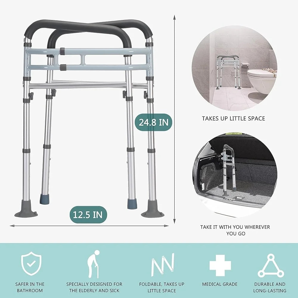 Adjustable Toilet Safety Rails Foldable Handicap Toilet Frame with Strong Suction Cup Handles Elderly Seniors Disabled Users