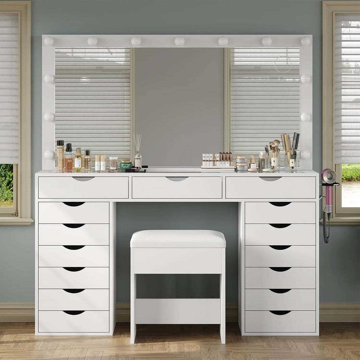Vanity Desk with Mirror and Lights, Makeup Table with Charging Station, 3 Color Lighting Modes, 15 Drawers Dressing Table