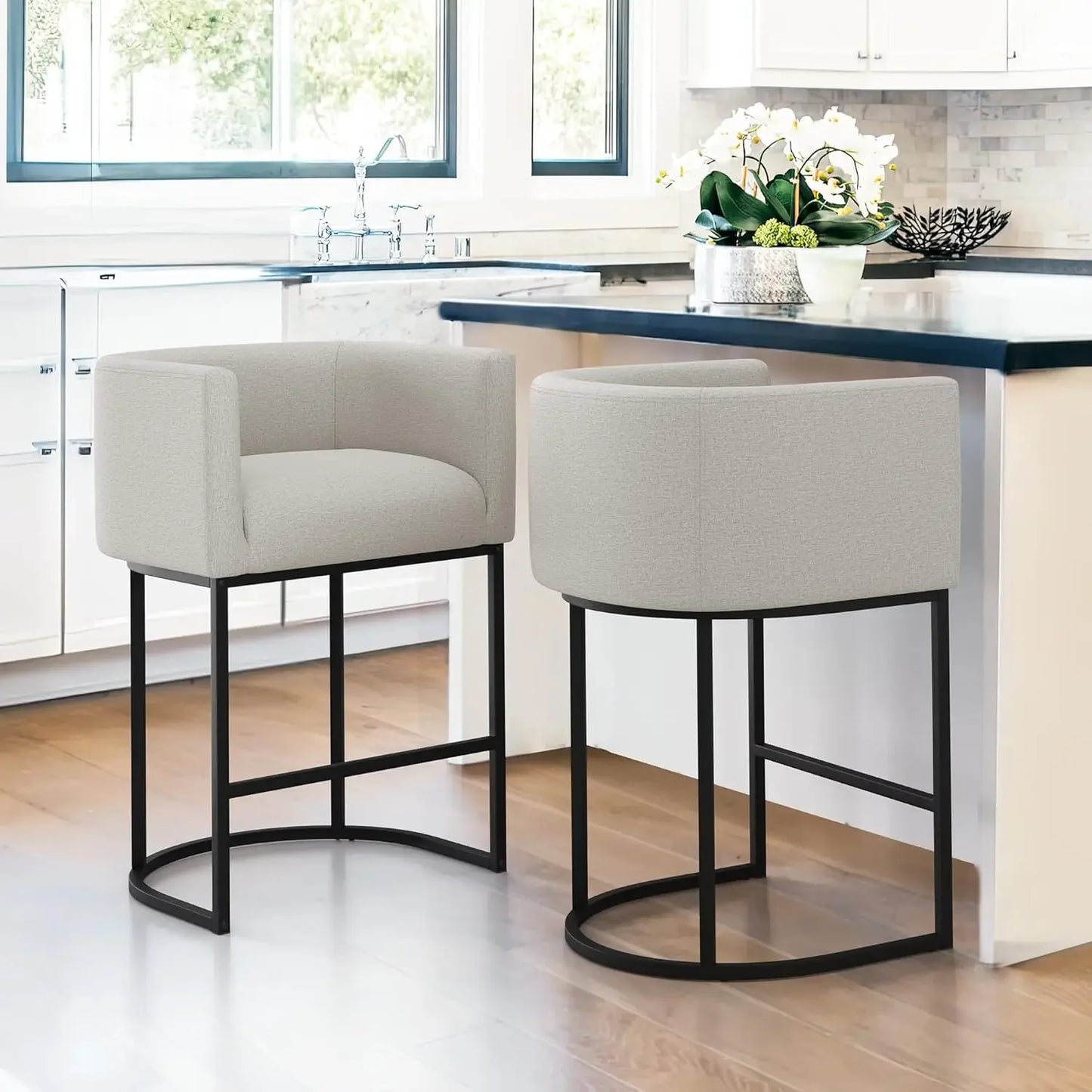 Counter Height Bar Stools Set of 2, Modern Barrel Counter Stools with Backrest and Arms