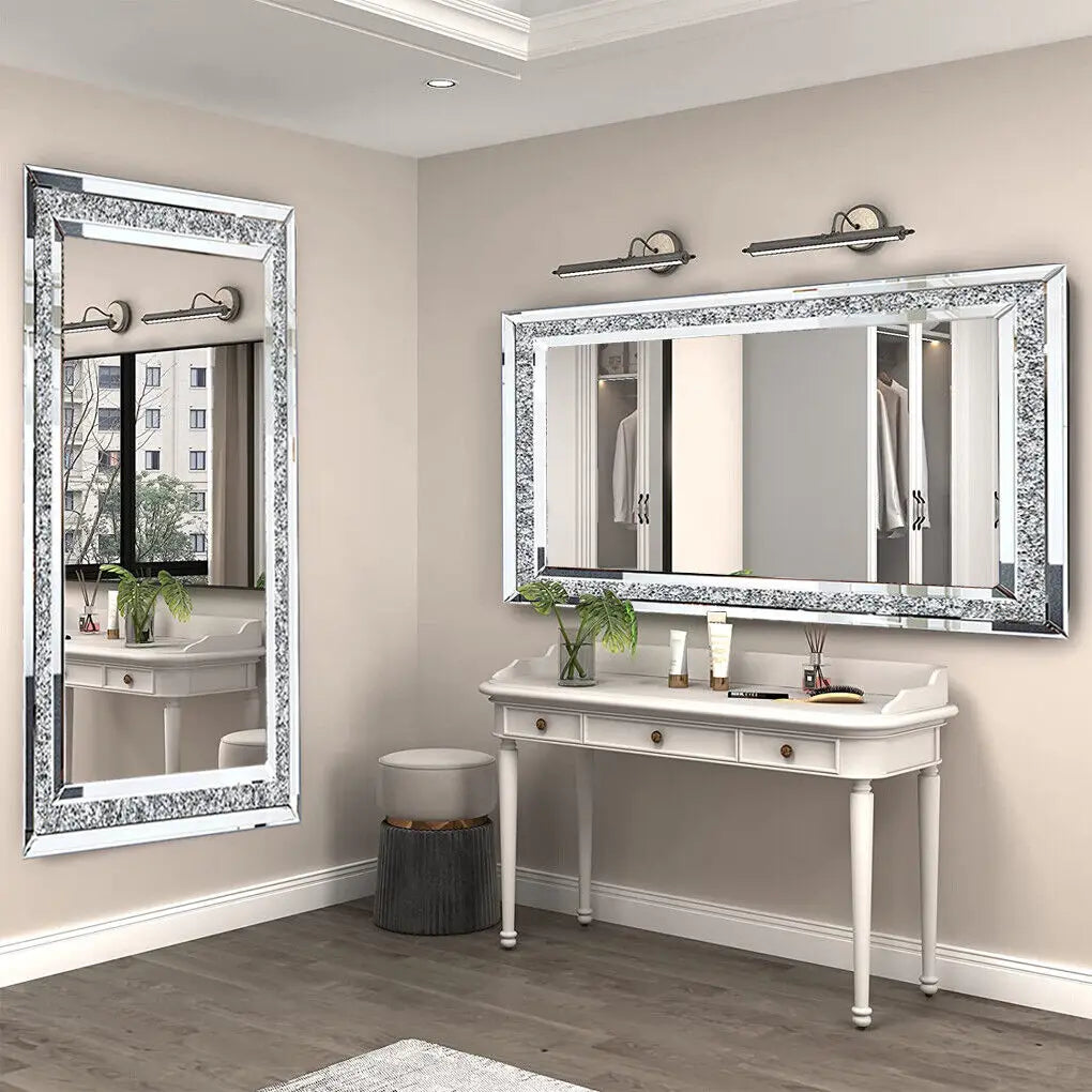 Large Silver Sparkly Crystal Rhinestone Diamond Frameless Vanity Mirrors Wall Mounted Dressing Mirror for Home