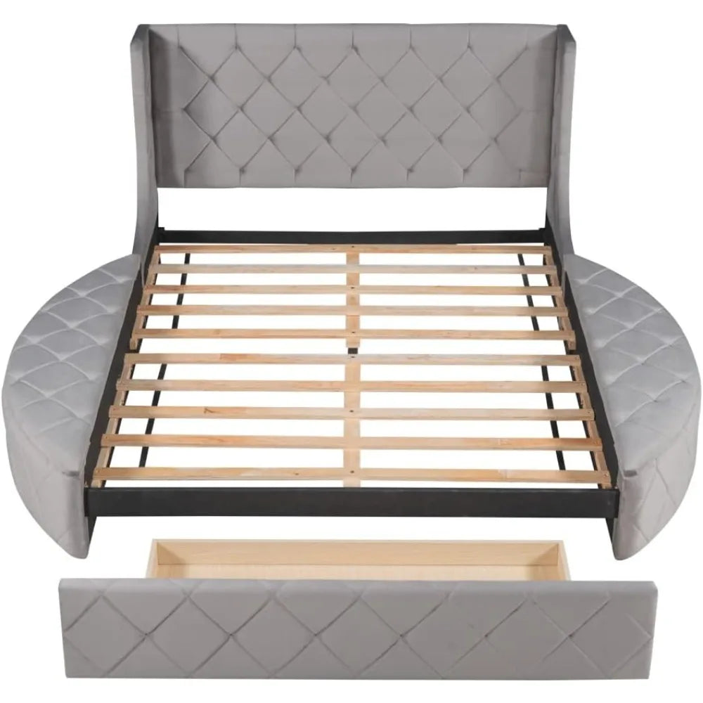 3-Piece Bedroom Set,Queen Size Velvet Upholstered Platform Round Bed and 1 Drawer,2 Side Storage Stool,with Wingback Headboard-G