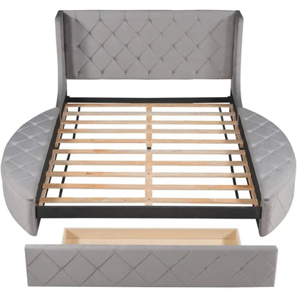 3-Piece Bedroom Set,Queen Size Velvet Upholstered Platform Round Bed and 1 Drawer,2 Side Storage Stool,with Wingback Headboard-G