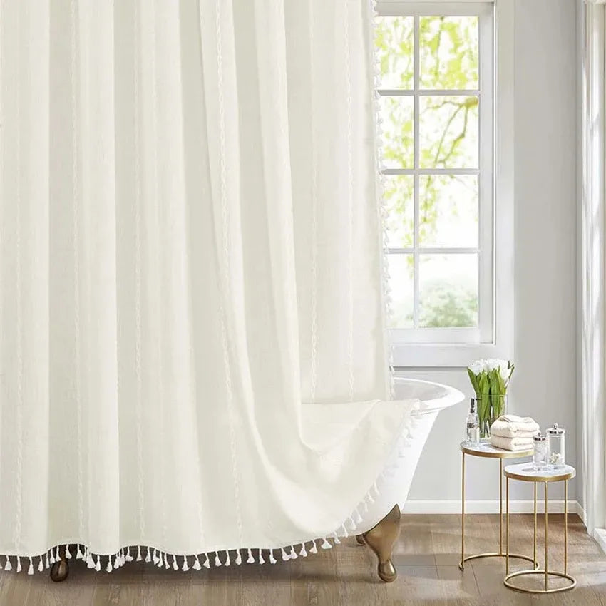 Nordic Jacquard Linen Shower Curtain with Tassels Waterproof Bath Curtains with Hooks for Bathroom Bathtub Bathing Cover