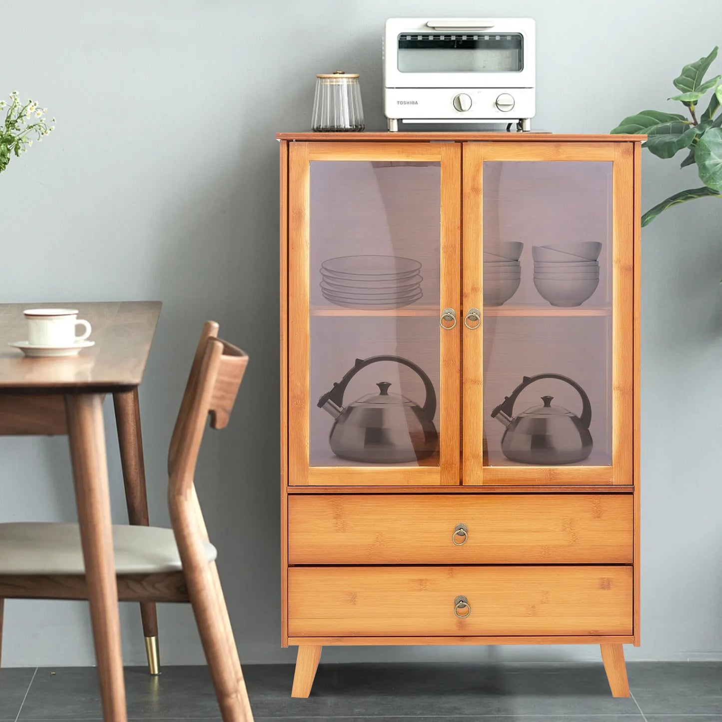 Retro Kitchen Sideboard with 2 Drawers, Bamboo and MDF Storage Cabinet for Small Space Organization