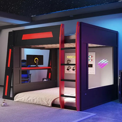 Sturdy Queen Wooden Bunk Bed with Desk, Storage, USB & LED Lights for Gamers and Compact Spaces (Black+Red)