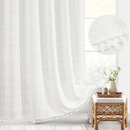 Nordic Jacquard Linen Shower Curtain with Tassels Waterproof Bath Curtains with Hooks for Bathroom Bathtub Bathing Cover