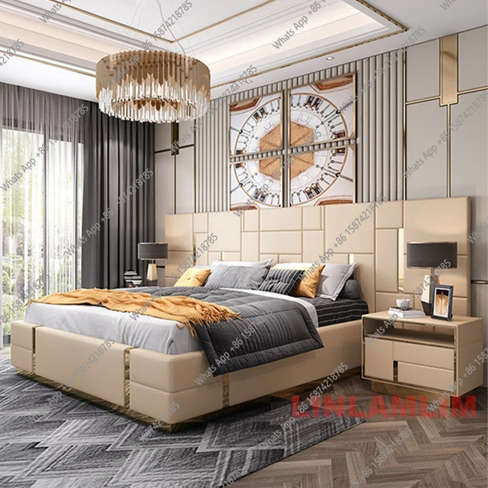 Luxury Modern King Size Bed With Soft Upholstered Headboard And Storage Nightstands - Genuine Leather Bedroom Furnitur