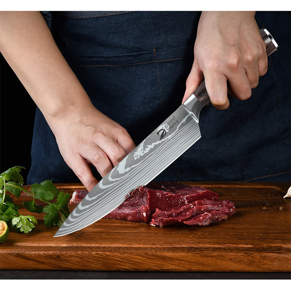 8pcs Kitchen Knife Damascus Stainless Steel Chef Knife Utility Paring Boning Cleaver Slicing Santoku Knives Nylon Bag