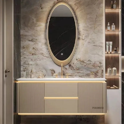 Luxury Bathroom Vanity Cabinets Set Modern Slate Single Double Basin Nordic Oak Storage Bathroom Drawer Slab Sink Mirror Cabinet