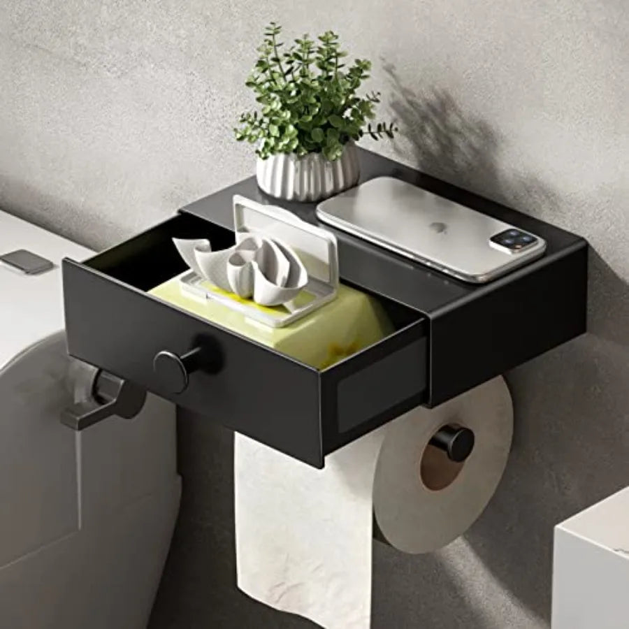 Matte Black WallMounted Toilet Paper Holder with Integrated Shelf and Storage Drawer Design: SelfAdhesive Flushable Wipes Dispe