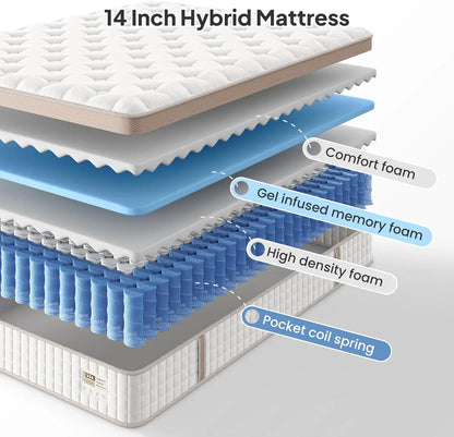 14'' Full/King/Queen Size Mattress, Luxury Hybrid Mattress, Gel Memory Foam & Pocket Springs, Manufactured in USA