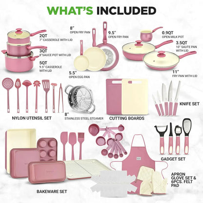 54-Piece Kitchen Cookware Set - Complete Non-Stick Ceramic Pots and Pans Set with Utensils, Bakeware, and Knife Set
