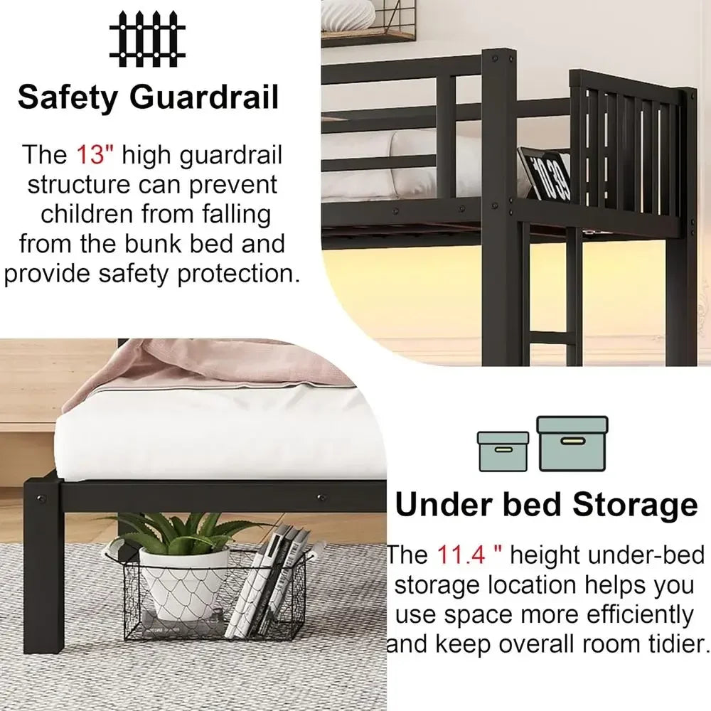 Sturdy Metal Triple Bunk Bed with LED Lights, Storage, and Charging Station for Kids