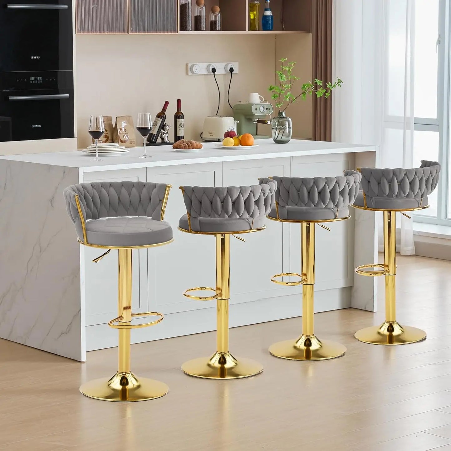 Velvet Adjustable Bar Stools Set of 2, Max Load 400 Lbs, Modern Upholstered Swivel Barstools with Woven Back, Footrests, Adjust
