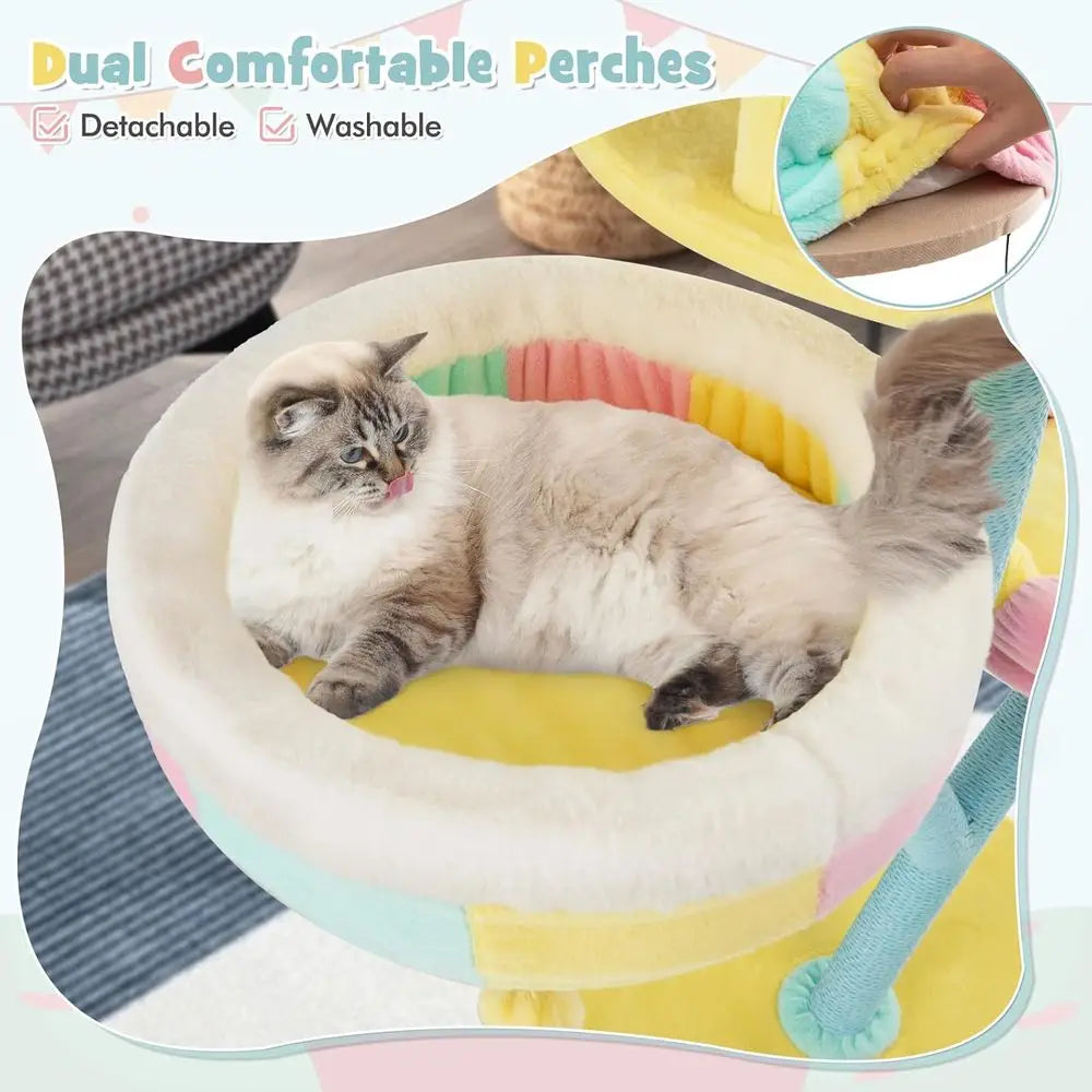 57.5 High Stylish Cat Tower with Paper Rope, Open-top Condo, Removable Perches, and Swinging Balls for Indoor Play