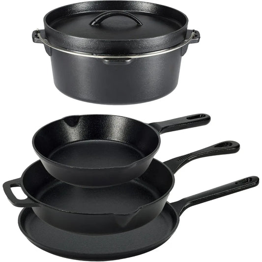 cast iron Pre-Seasoned Cast Iron 5 Pieces Kitchen Pots and Pans Cookware Set, Black, 14.17 x 12.2 x 10.63 in