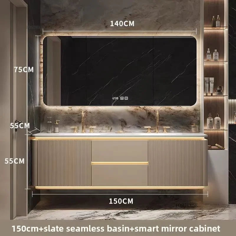 Luxury Bathroom Vanity Cabinets Set Modern Slate Single Double Basin Nordic Oak Storage Bathroom Drawer Slab Sink Mirror Cabinet