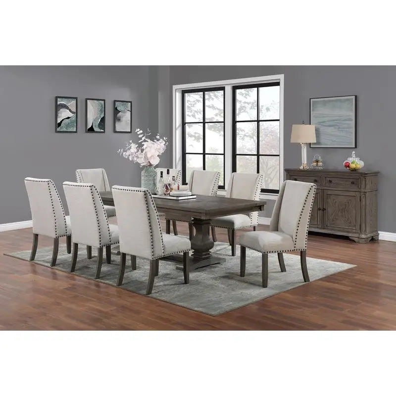 Traditional 9-Piece Dining Set with Leaf, 8 Side Chairs, Pedestal Base, Oak Finish, Wingback Design, Upholstered Cushions,