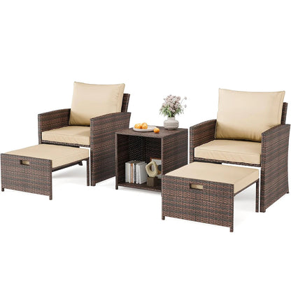 5-Piece All-Weather Pe Rattan Patio Set, High Back Chairs With 2 Ottomans & Table, Soft Cushions For Garden & Porch