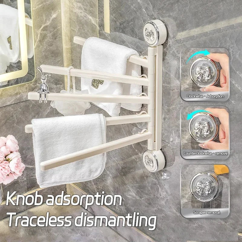 Bathroom Towel Pole Non Perforated Wall Mounted Suction Cup Storage Rack Bathroom Multi Pole Rotating Towel Storage Rack