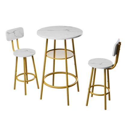 3 Pcs, Dining Table and Chairs Set with 2 Stools Dining Table Set Faux Marble Tabletop for Home or Hotel Dining Room