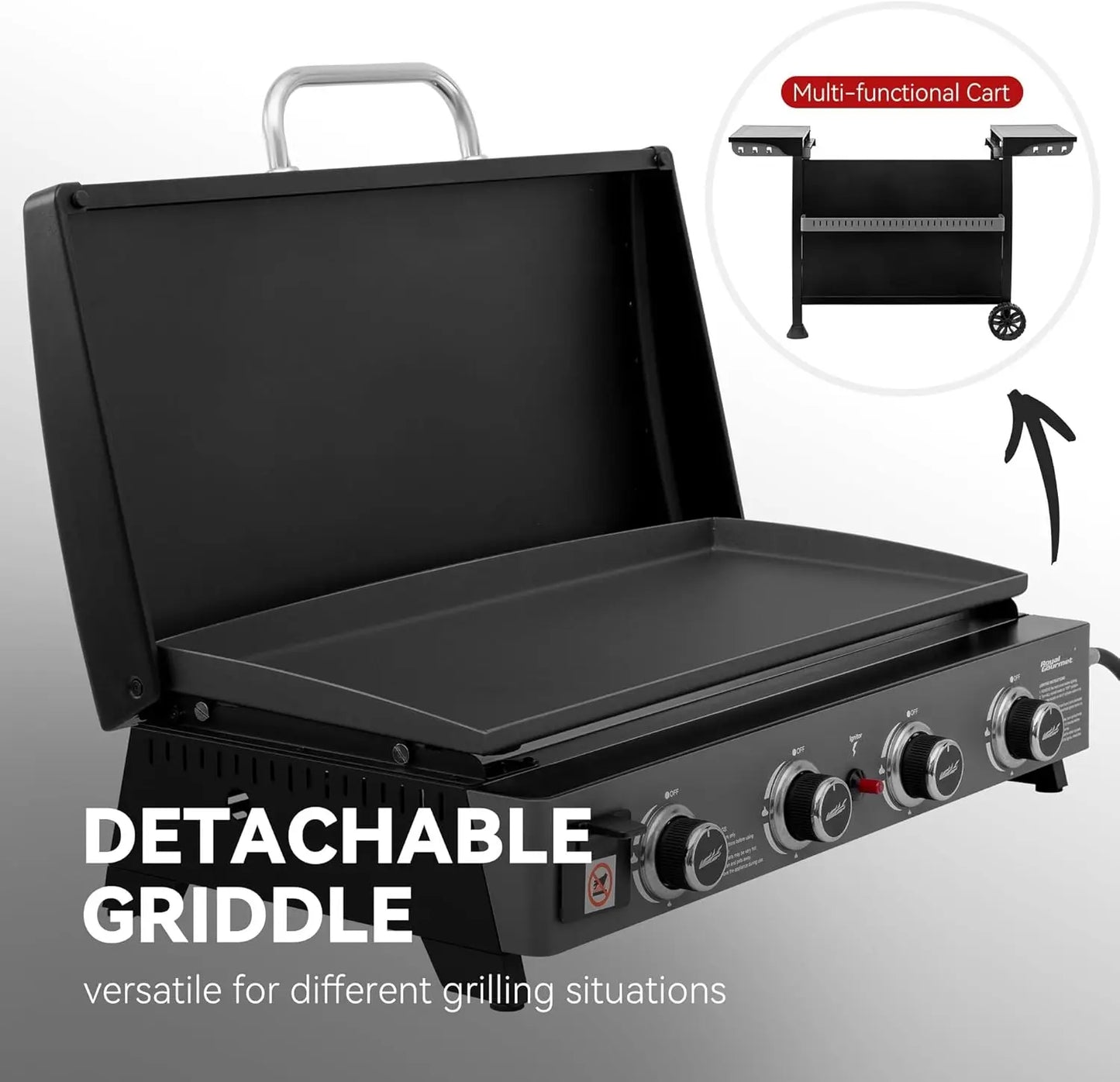 4 Burner Propane Gas Griddle with Removable Cart and Convertible Tabletop Design, Flat Top Grill with Hood for Camping, Tailgating, Backyard Use, Black