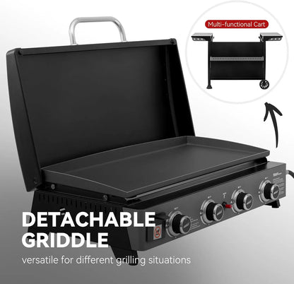 4 Burner Propane Gas Griddle with Removable Cart and Convertible Tabletop Design, Flat Top Grill with Hood for Camping, Tailgating, Backyard Use, Black