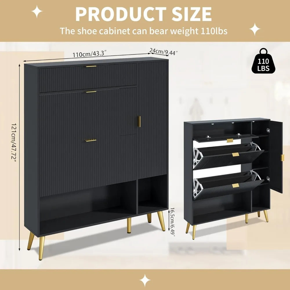 Shoe Storage Cabinet with 2 Flip Drawers Narrow Shoe Cabinet with Doors Freestanding Shoe Organizer Cabinet with Adjustable Shel