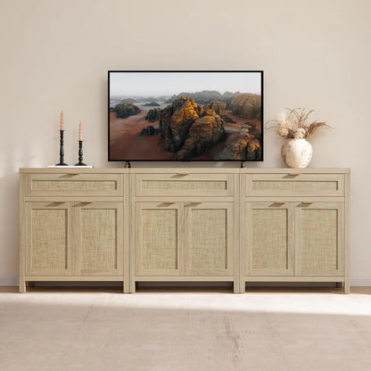 Rattan 3-Piece Buffet Cabinet Set with Doors and Drawers for Bohemian Style Dining