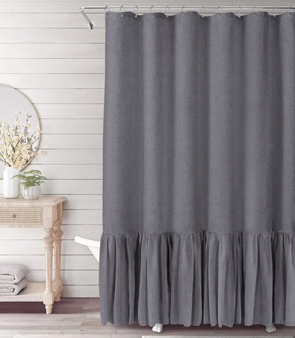 Cotton Linen Plain Shower Curtain with 12 Hooks Waterproof Floral Falbala Ruffle Edge Frill Scalloped Hem Decor Bathroom