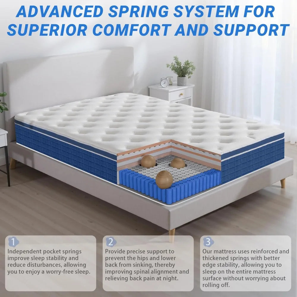 Mattress 12 Inch, Twin Memory Foam Mattresses, Hybrid Matress, Pocket Coil Innerspring, Breathable Fabric, Strong Edge Support