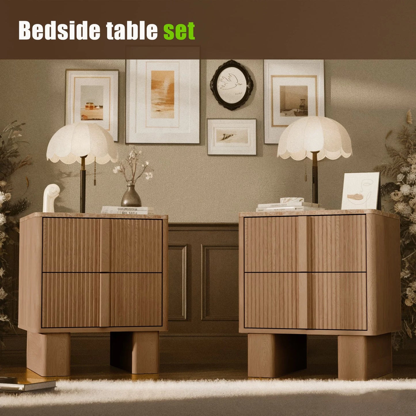 Set of 2 Fluted Nightstands w/ Charging, 2-Drawer End Tables w/ Reinforced Legs, Whitewashed Oak for Bedroom