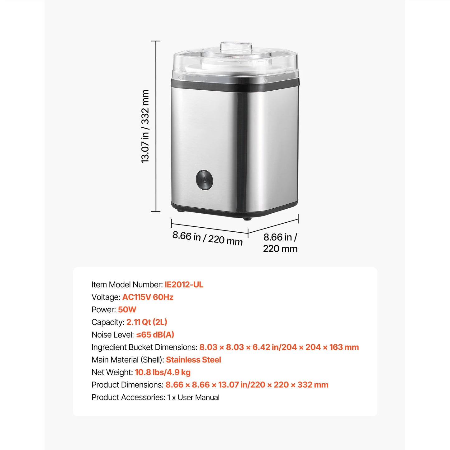 Ice Cream Maker 2.11 Qt. Electric Automatic w/ Easy Operation&Cleaning Stainless Steel Shell for Homemade Frozen Yogurt