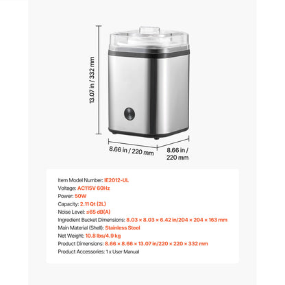 Ice Cream Maker 2.11 Qt. Electric Automatic w/ Easy Operation&Cleaning Stainless Steel Shell for Homemade Frozen Yogurt