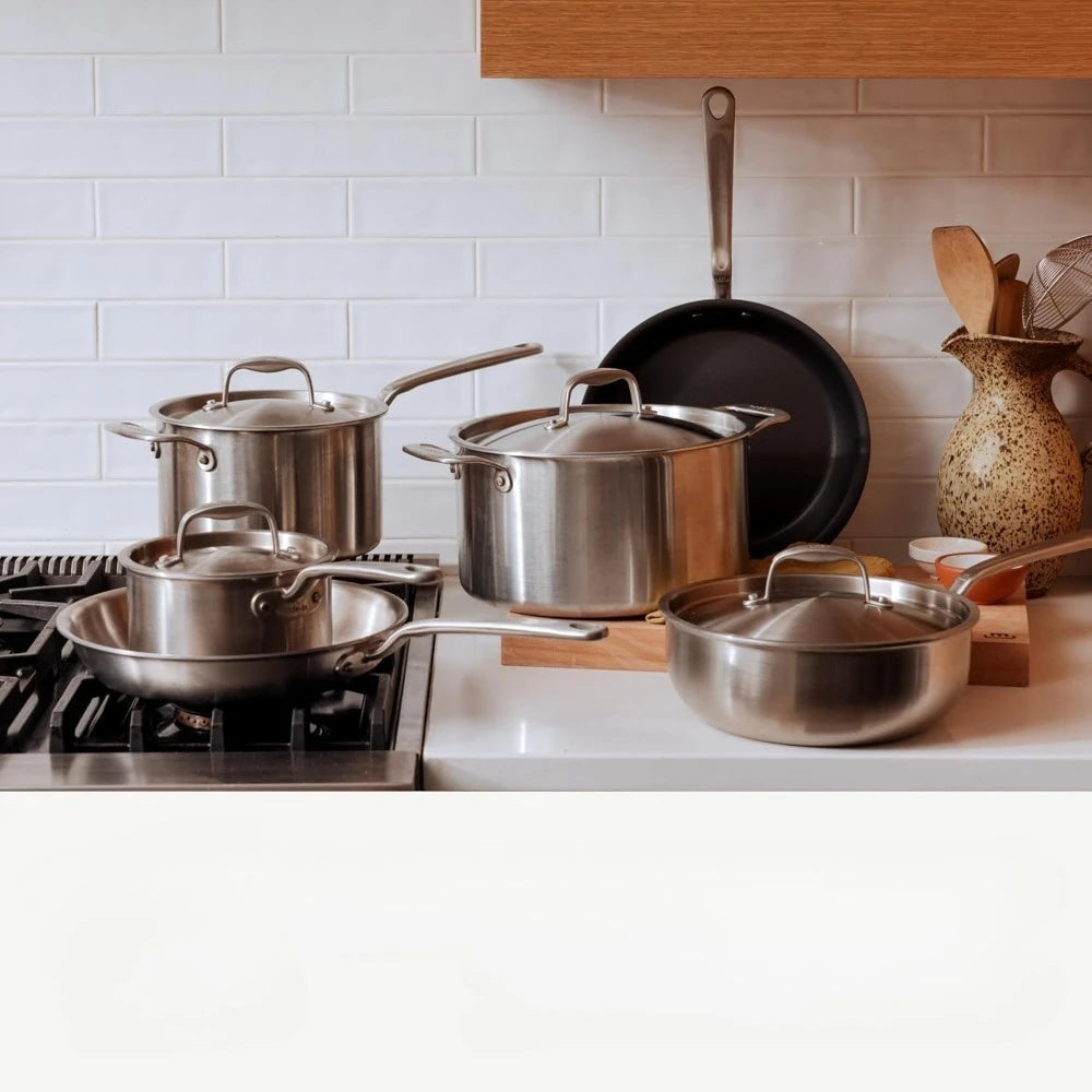 10 Piece Stainless Steel Pot and Pan Set - 5 Ply Clad - Includes Stainless Steel Frying Pans, Saucepans, Cookware Set