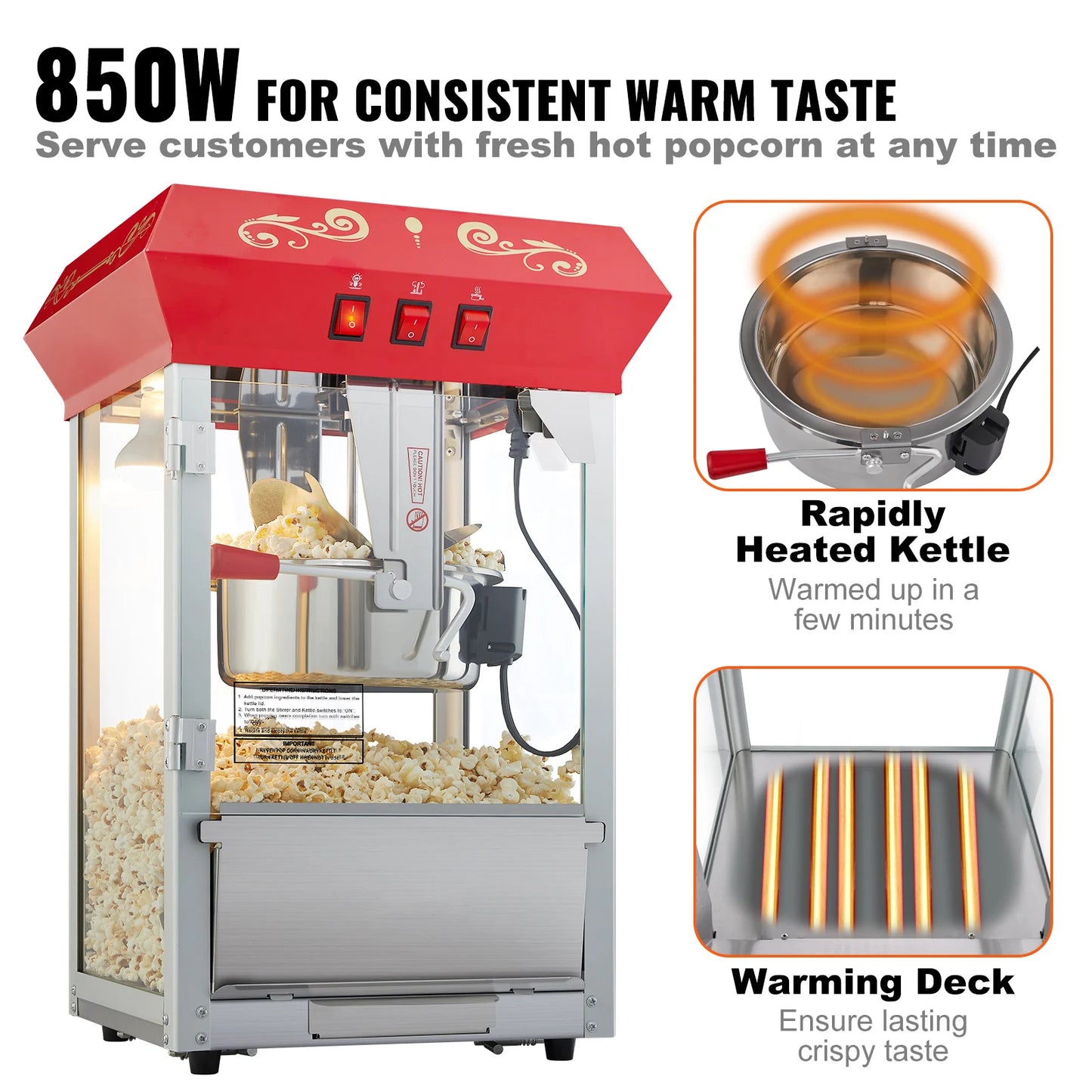 8/12Oz Electric Popcorn Maker Commercial Popper Machine  Automatic Corn Cookware with Scoop Spoon SUS304 Heating Tube