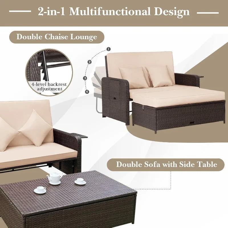Patio Rattan Daybed, Patiojoy Wicker Loveseat Sofa w/Multipurpose Ottoman & Retractable Side Tray, 4-Level Adjustable B