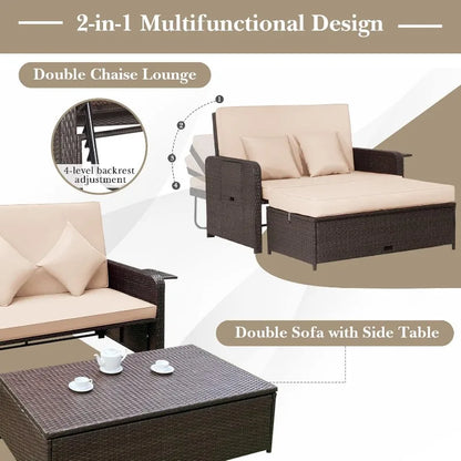 Patio Rattan Daybed, Patiojoy Wicker Loveseat Sofa w/Multipurpose Ottoman & Retractable Side Tray, 4-Level Adjustable B