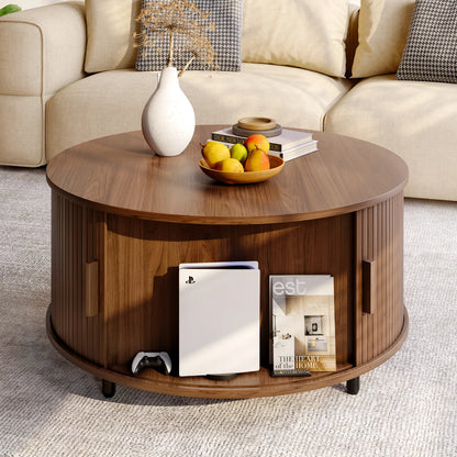 31.5" Modern Round Coffee Table with Storage with 360° Curved Sliding Door ,Fluted Wood Accent