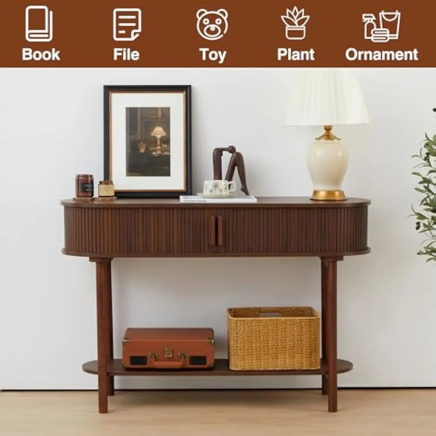 Fluted Console Table Modern Entryway Table with Tambour Sliding Door 2 Tier Sofa Table with Storage Side Table Behind Couch in L